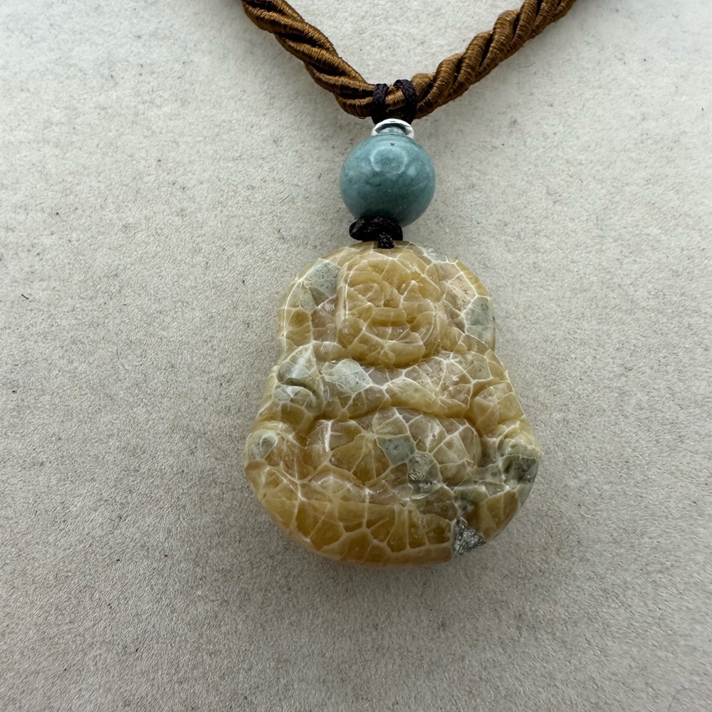 Coral Fossil Buddha Pendant Necklace Sterling Silver and Jade Accent Beads - Picture 3 of 10
